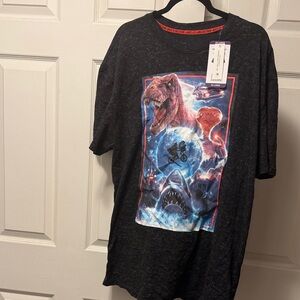 Universal Black Short Sleeve Tee with Neon Dinosaur, Shark & Space Graphic